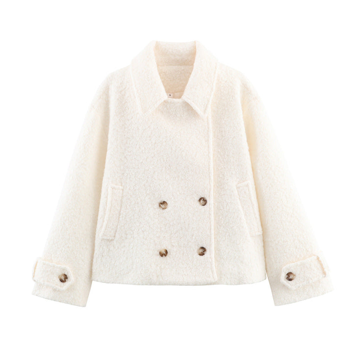 Dam Boxy Boucle Double-Breasted kappa med skjortkrage och Flap fickor
