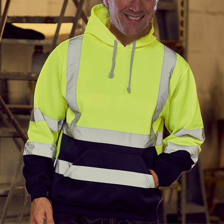 Herr Reflective Safety Luvtröja med Contrasting Reflective Bands, Känguruficka och Adjustable Huva
