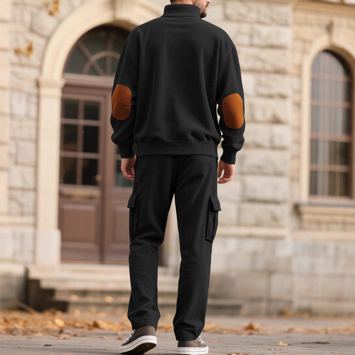 Herr Strukturerad Turtleneck Pullover med Ståkrage, Press Stud Slå, och Velour Elbow Lappar