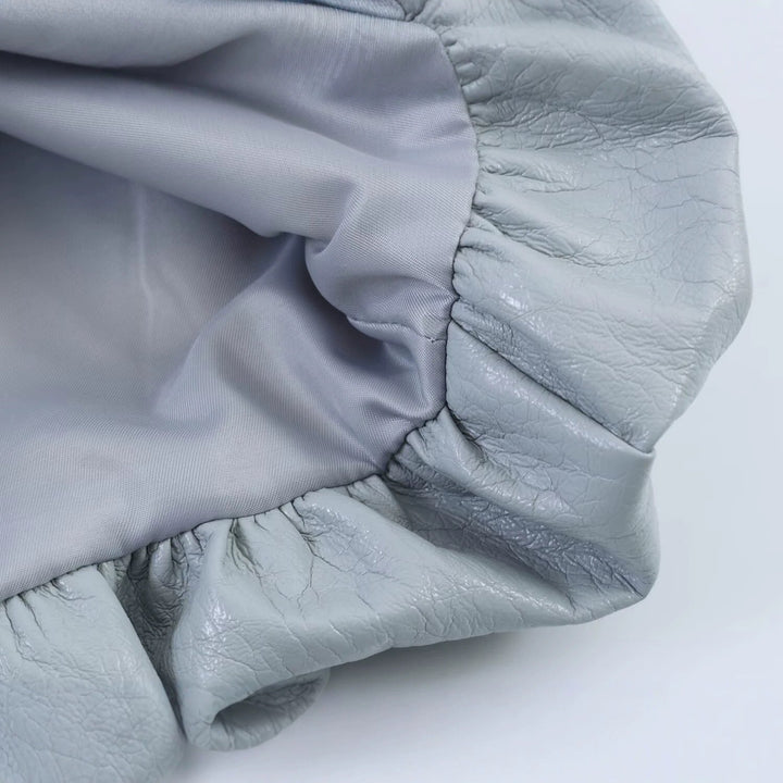 Dam Oversized Konstläder Jacka med Round Neck, Gathered Yoke och Balloon Ärmar