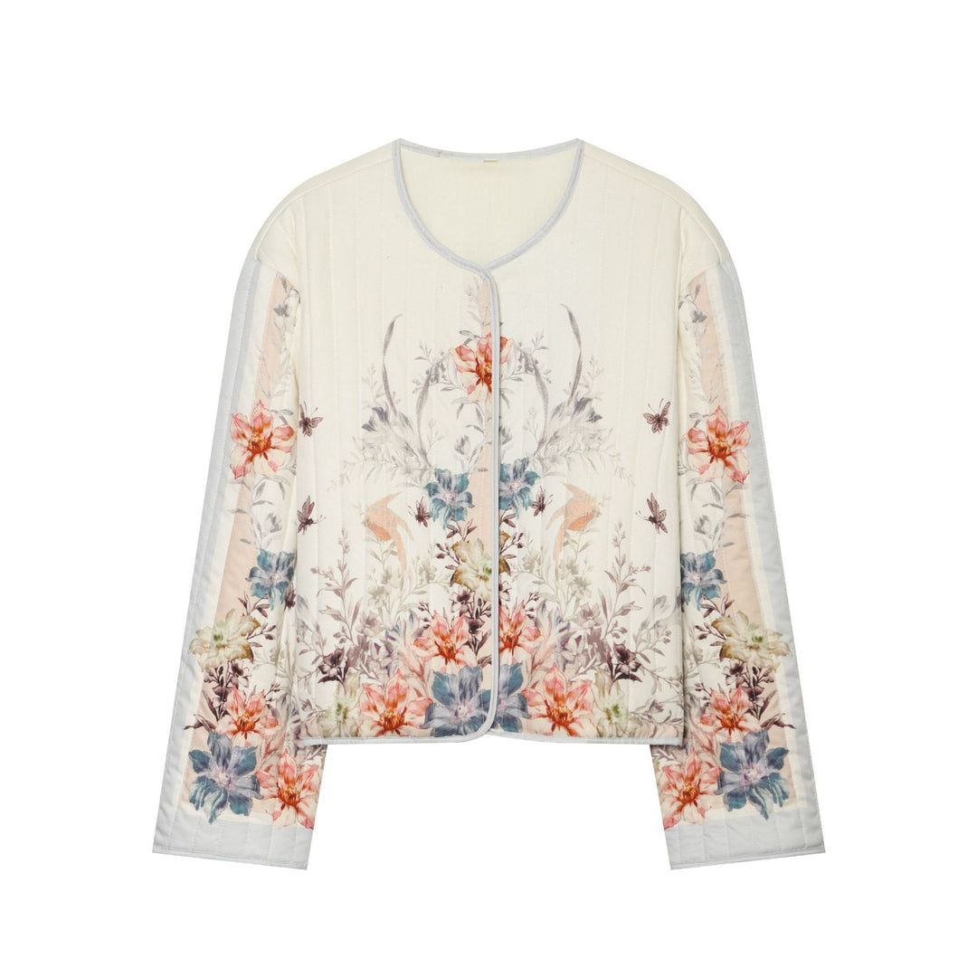 Dam Vadderad Kort Jacka med Blommig Allover Tryck och Round Neckline