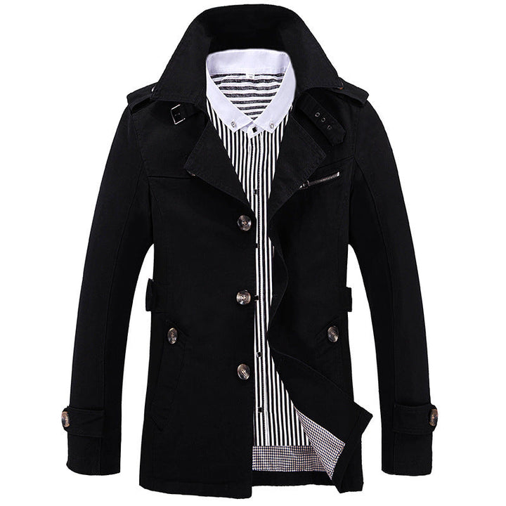 Herr Short Trenchcoat med Axel Patches, Midja Belt och Randig Foder