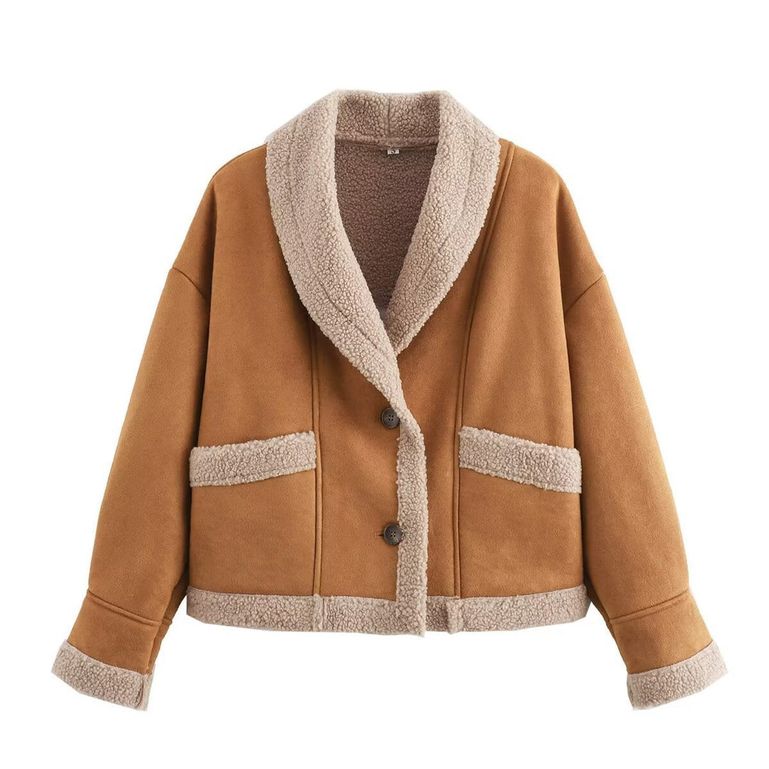 Dam Kort Jacka med Teddy Foder, Shawl Krage, och Oversize Skärning