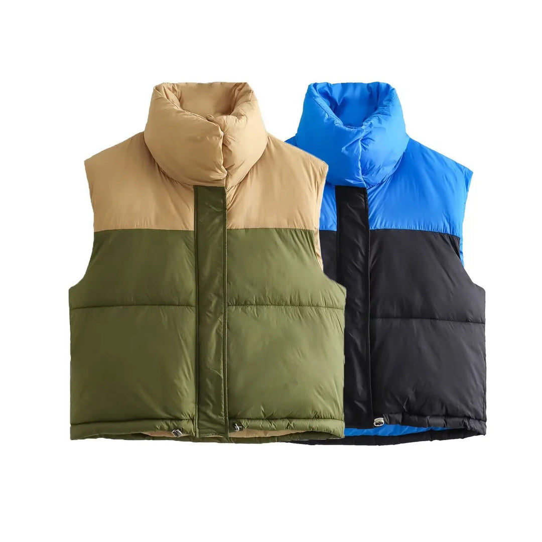 Dam sleeveless quiltad kort väst med high ståkrage, vadderad insulation, och adjustable drawstring fåll