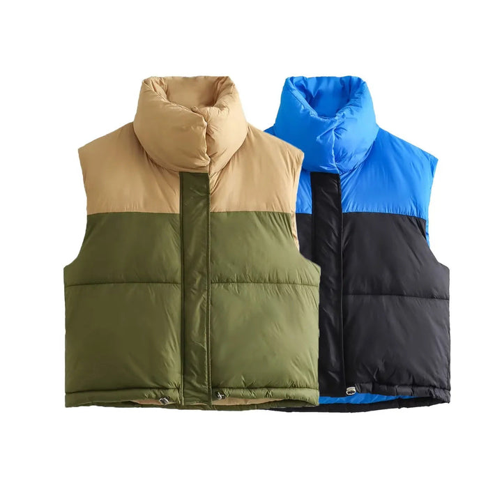 Dam sleeveless quiltad kort väst med high ståkrage, vadderad insulation, och adjustable drawstring fåll