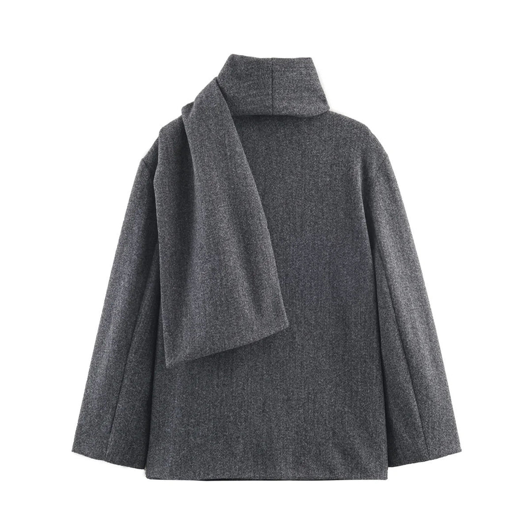 Dam boxy jacka i ullblandning med voluminous tube krage och patch front pocket