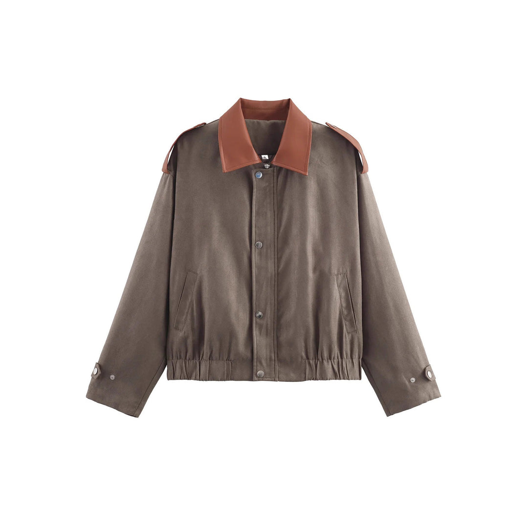 Dam oversized kort jacka med kontrast krage, axel patches och elastic waist drawstring