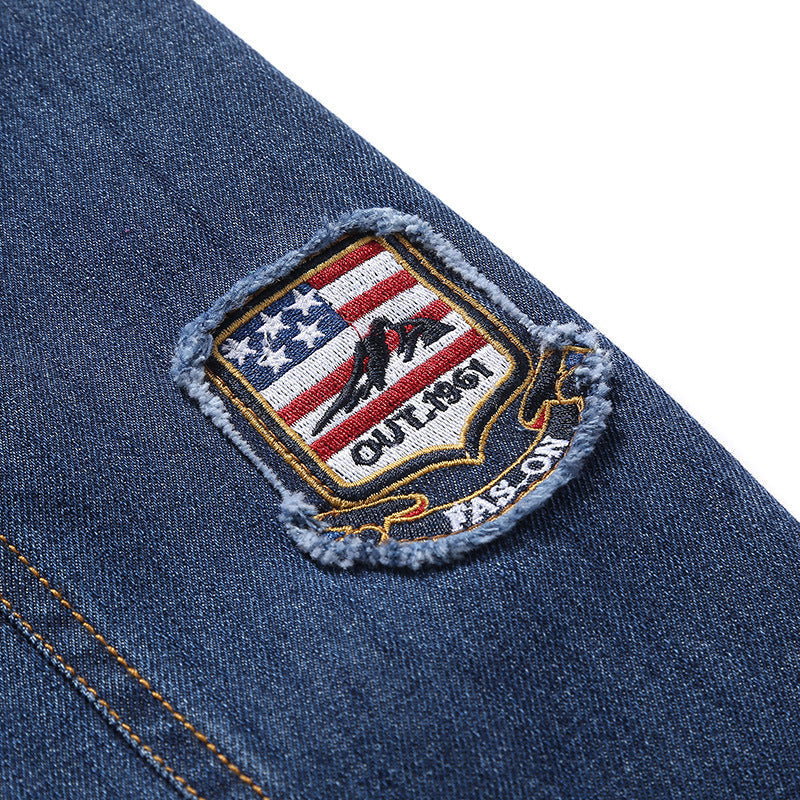 Herr Lätt Jeansjacka i Worker Blouson Stil med Andningsbar Mesh Foder och Ärm Patch