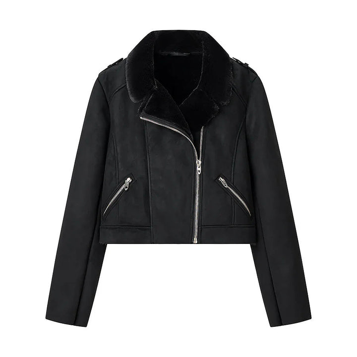 Dam kort bikerjacka tillverkad av mocka imitation med teddy foder och asymmetric metal dragkedja