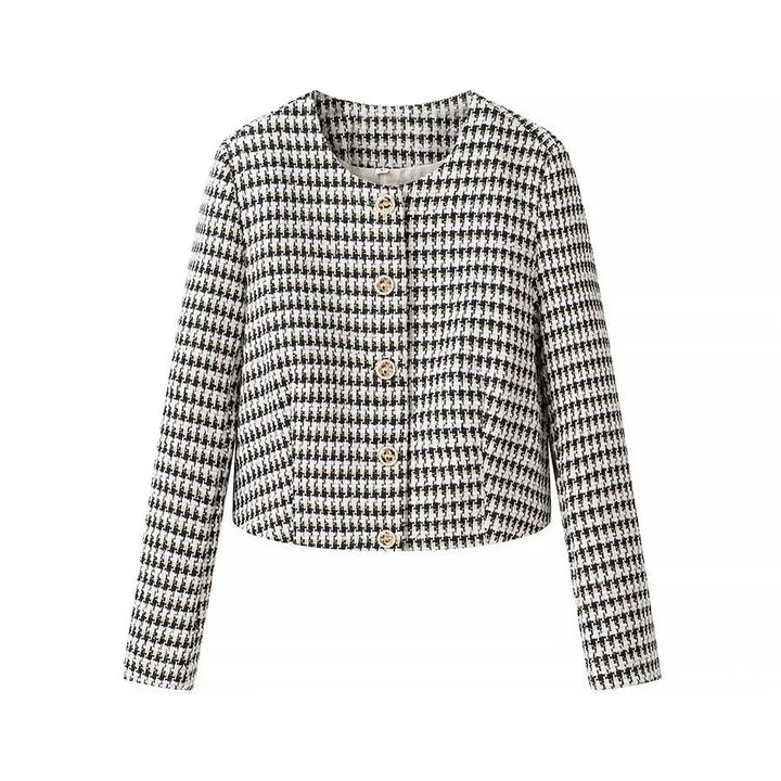 Dam kort bouclé blazer i cropped stil med houndstooth mönster, round neckline och decorative knappar