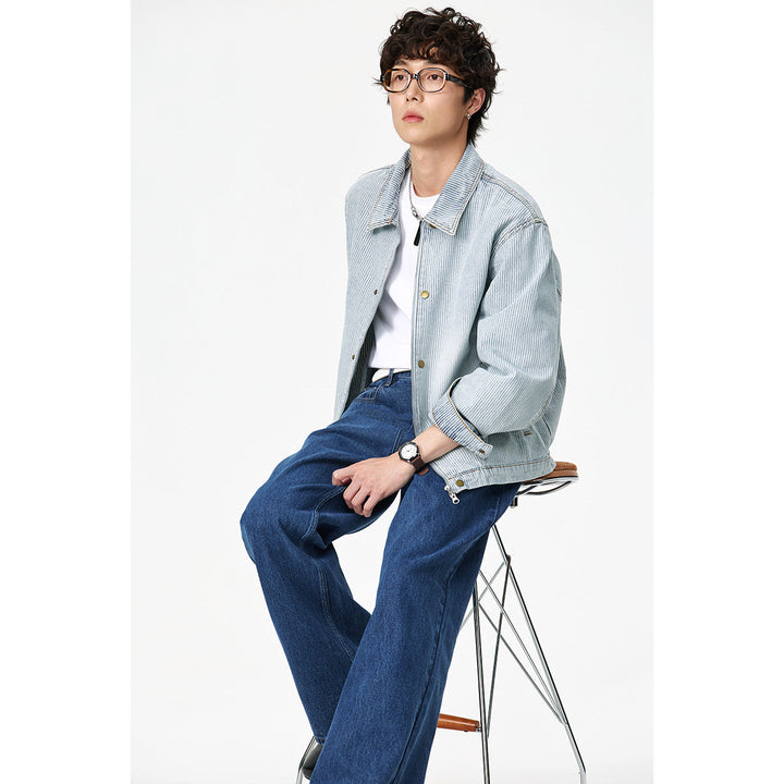 Unisex Randig Oversized Denim Jacka i Arbetsstil med Ståkrage och Two-Way Dragkedja