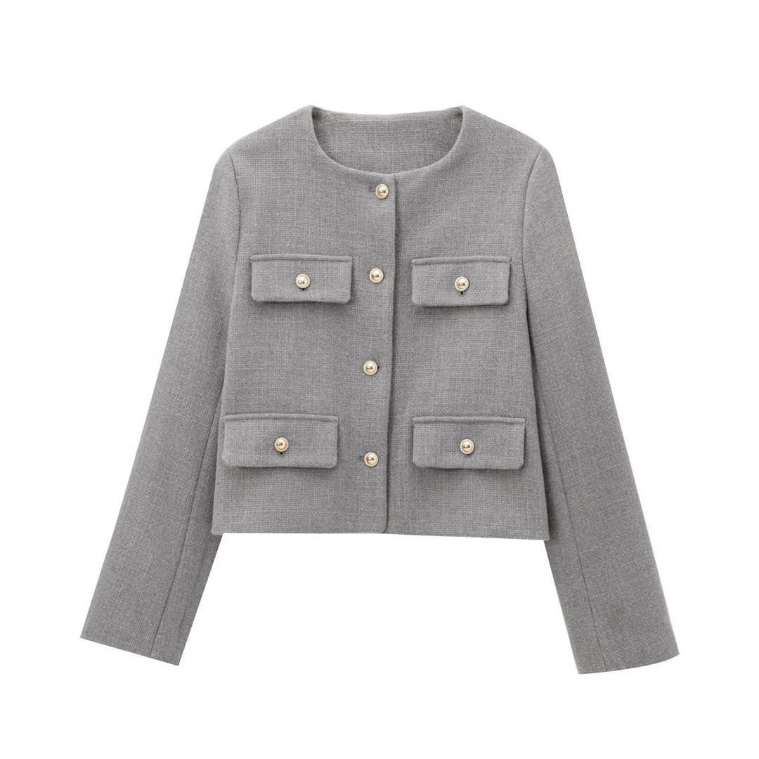 Dam Kort-Skärning Bouclé Tweed Jacka med Round Neckline Decorative Knapp Detaljer och Attached Lockfickor