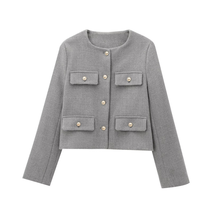 Dam Kort-Skärning Bouclé Tweed Jacka med Round Neckline Decorative Knapp Detaljer och Attached Lockfickor