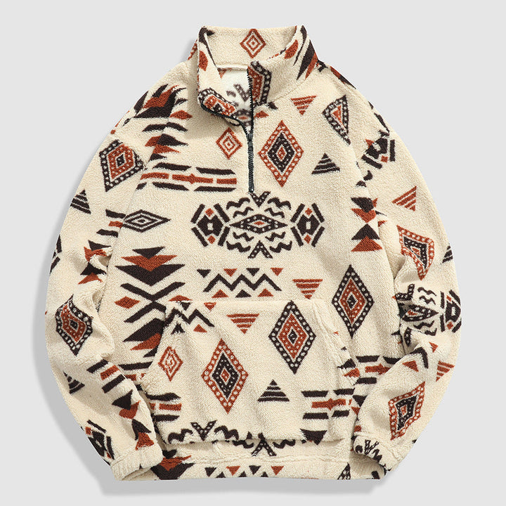 Herr Bekväm Fleece Pullover med Halv Dragkedja och Geometrisk Mönster