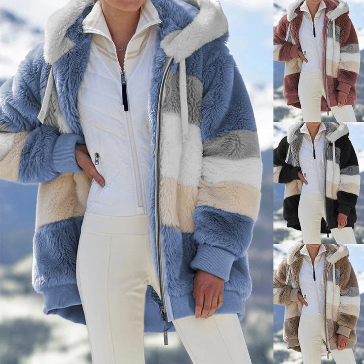 Dam oversized faux fur patchwork hooded jacka med ribbstickade muddar och two-way dragkedja