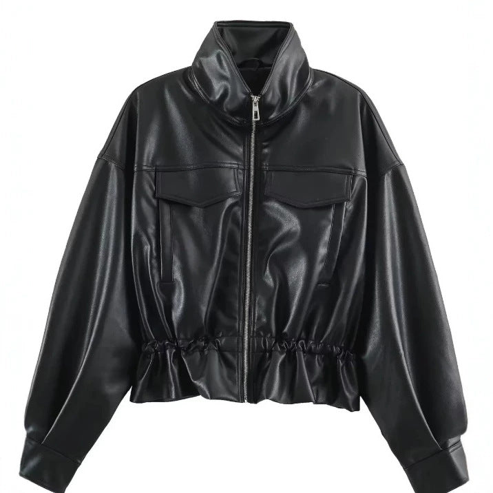Dam Kort Faux Läder Blouson med Stå Krage, Lock Fickor och Drawstring Waist