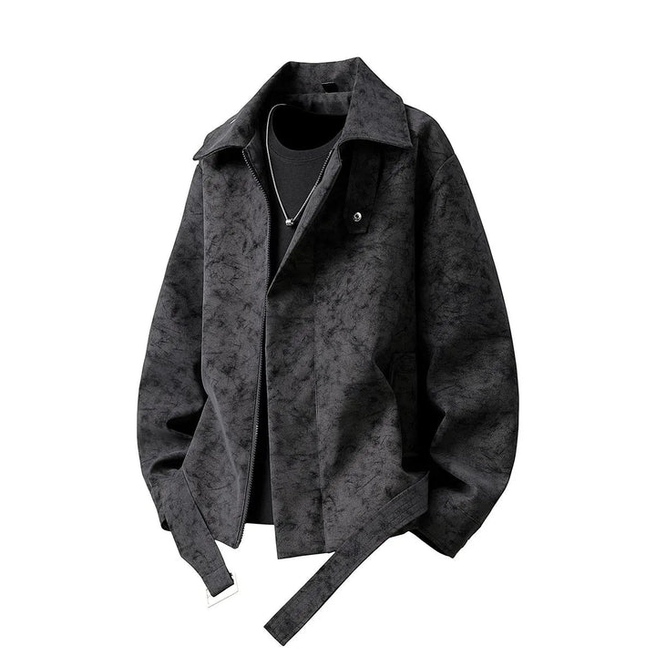 Herr Kort Skärning Sammet Look Jacka med Skjortkrage, Bälte Detail &amp; Dold Dragkedja