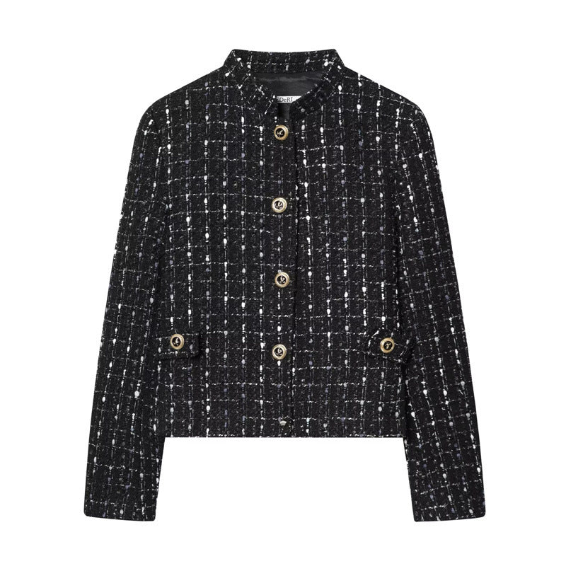 Dam Kort Bouclé Tweed Jacka med Ståkrage, Decorative Knappar och Utanpåfickor