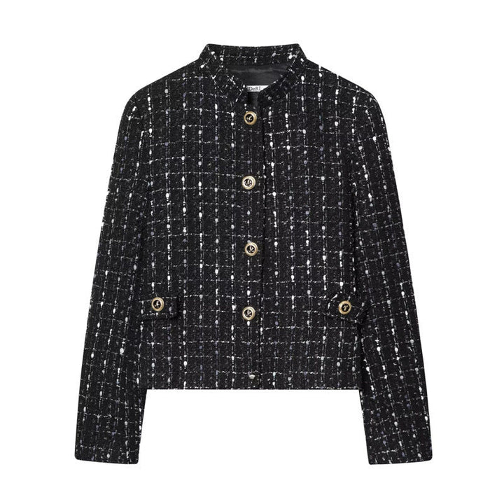 Dam Kort Bouclé Tweed Jacka med Ståkrage, Decorative Knappar och Utanpåfickor