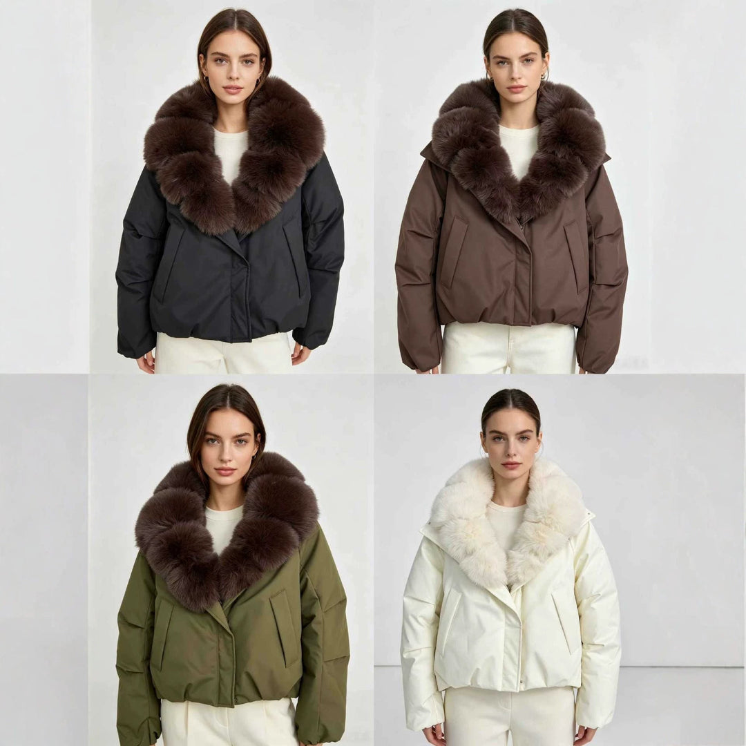 Dam nan kort thermal kviltad jacka med voluminous removable faux fur krage och skräddad fåll