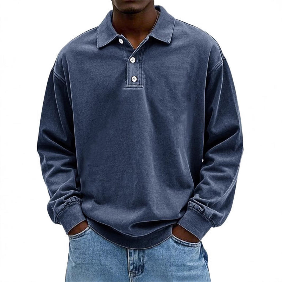 Herr Oversized Denim Look Polo College-Tröja med Kort Knapplist och Elastiska Muddar EB
