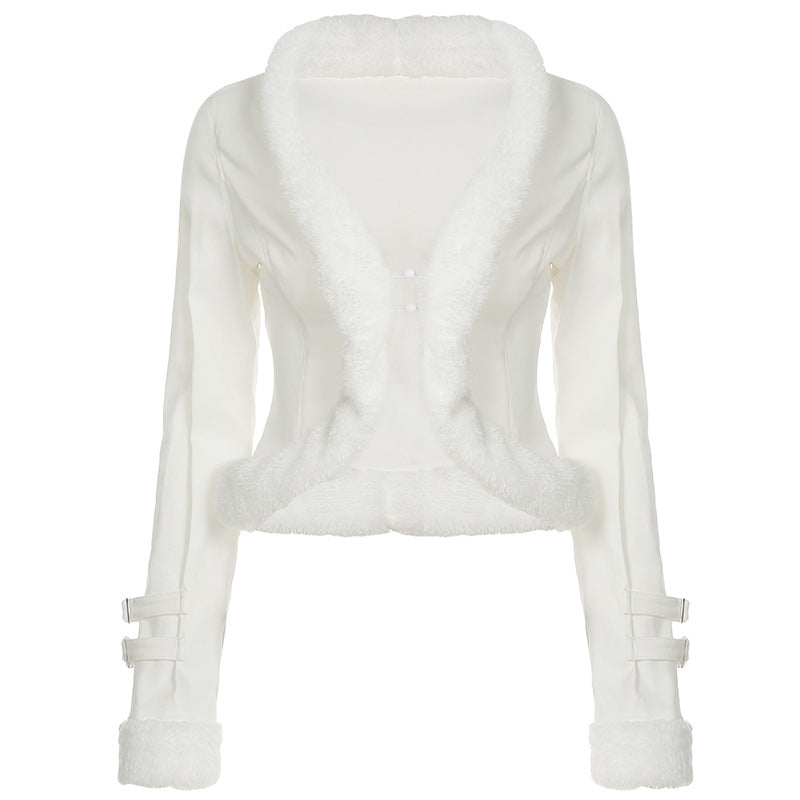Dam kort figursydd faux fur bolero jacka med V-neck och decorative strap ärmar