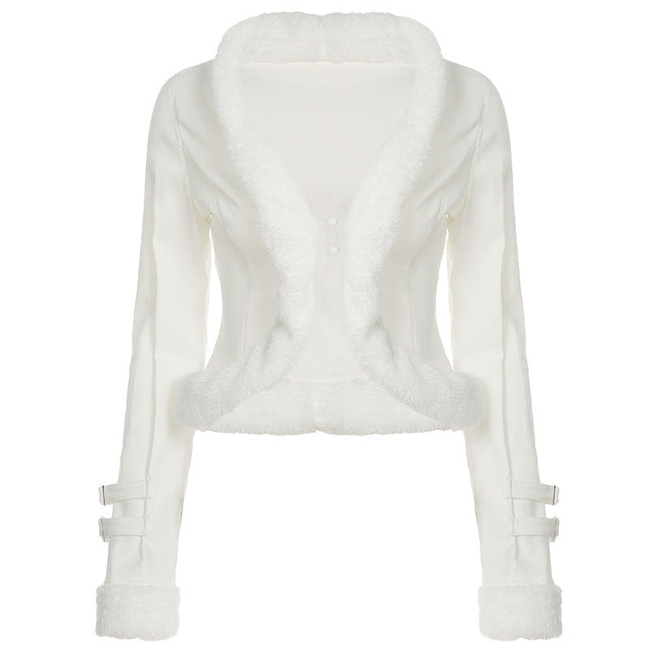Dam kort figursydd faux fur bolero jacka med V-neck och decorative strap ärmar