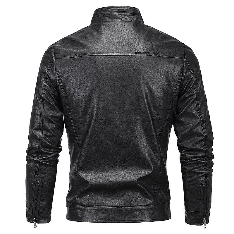 Herr Moto Blouson i Läder Look med en Figurnära Skärning, Stående Krage och Zip Fickor
