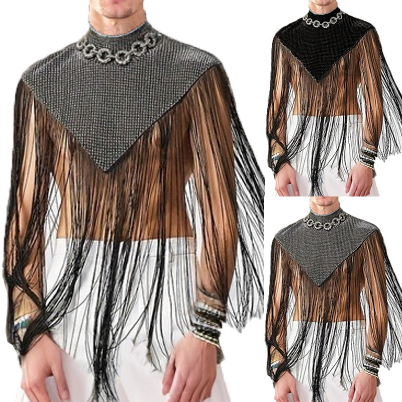 Dam Lång Fringed Cape med Turtleneck och V-Shaped Insert