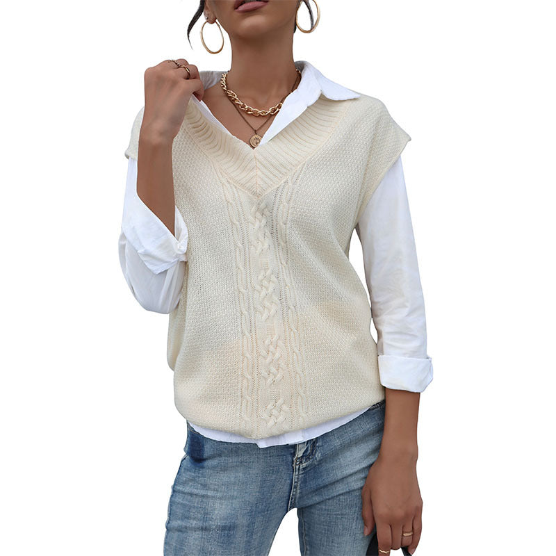Dam lång stickad väst med Cable mönster och V-Neck