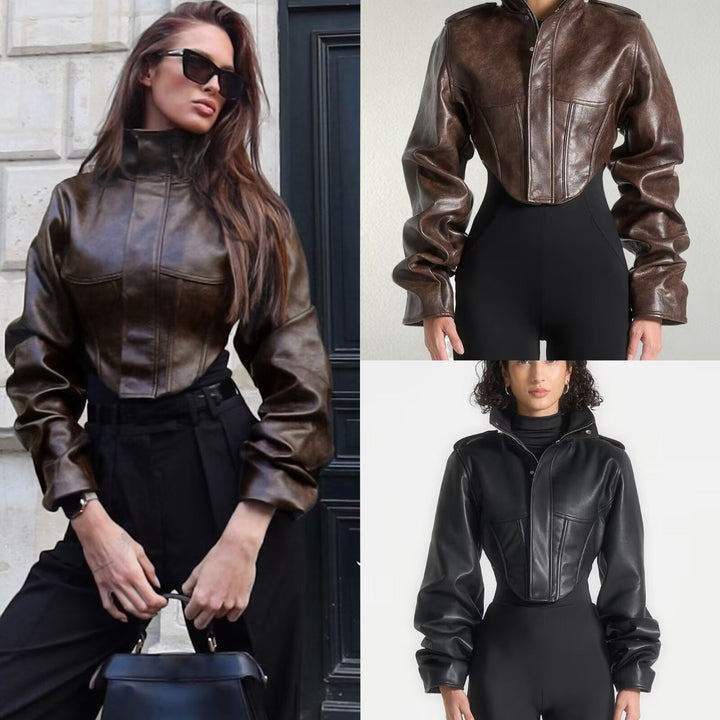 Dam Kort Tailored Läder-Look Jacka med Stå Krage och Feminine Chest Padding