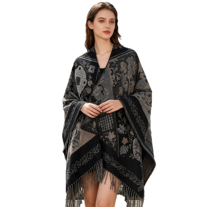 Dam Jacquard poncho med Boho Patchwork mönster och fransfåll