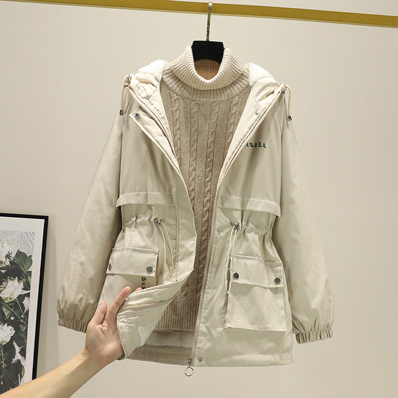 Dam vadderad parka jacka med huva och adjustable waist drawstring