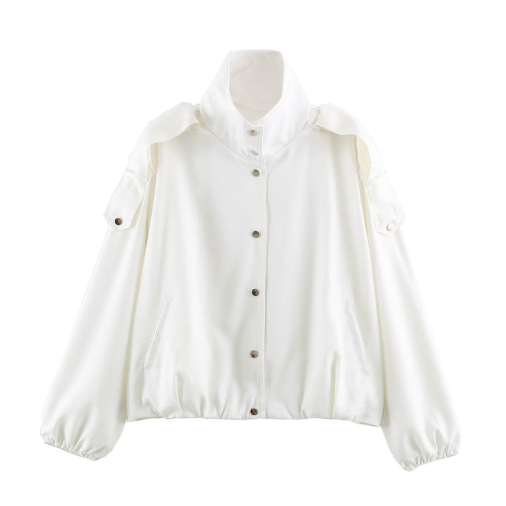 Dam Oversize Blouson Jacka med Hög Stå Krage, Shoulder Patches och Elastic Nederkant