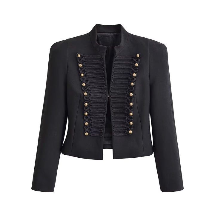 Dam Kort Jacka i Military Stil med Stå Krage &amp; Dekorativ Cord Embellishment