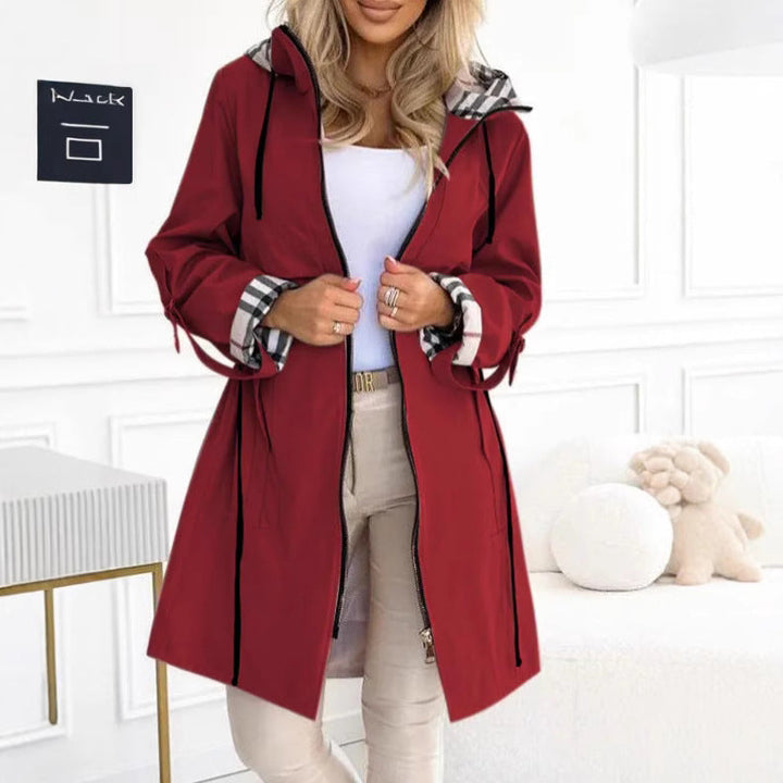 Dam figursydd regn parka med huva rutig lined inner krage och drawstring