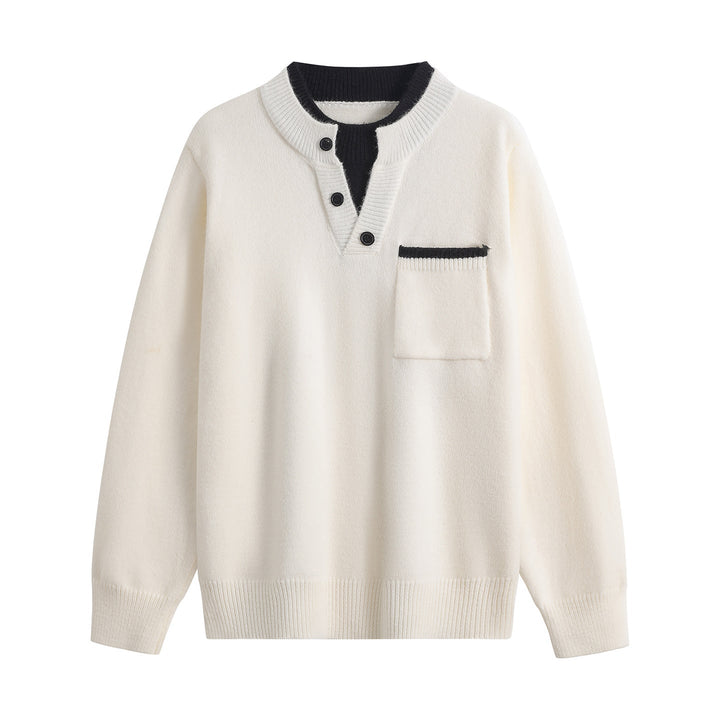 Herr Fin Stickad Henley Tröja med Knapplist, Bröstficka &amp; Contrast Krage