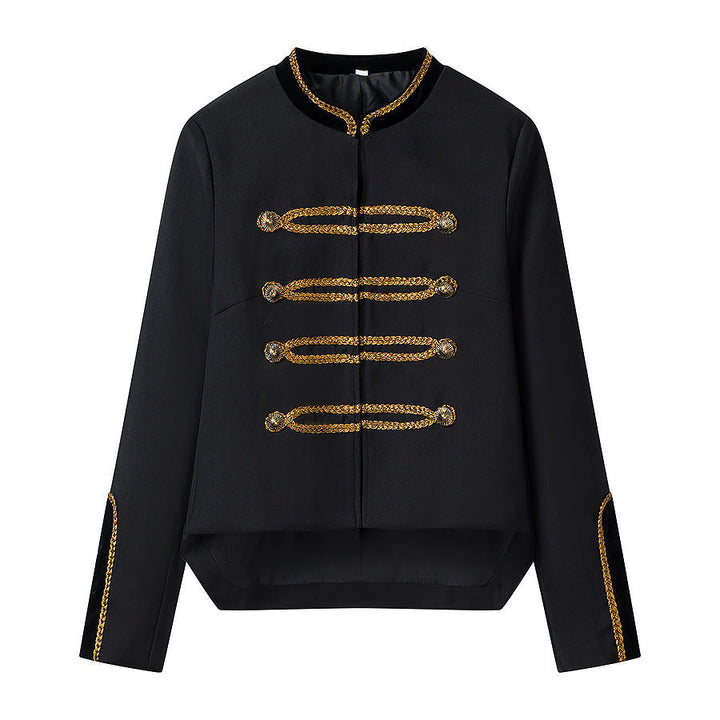 Dam Kort Parade Militär Jacka med Guld Decorative Cord, Ståkrage och Sammet Kant
