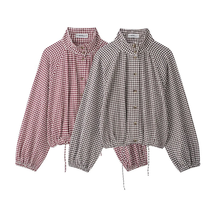 Dam Checked Blouse Jacka med Stå Krage, Balloon Ärmar och Drawstring Nederkant