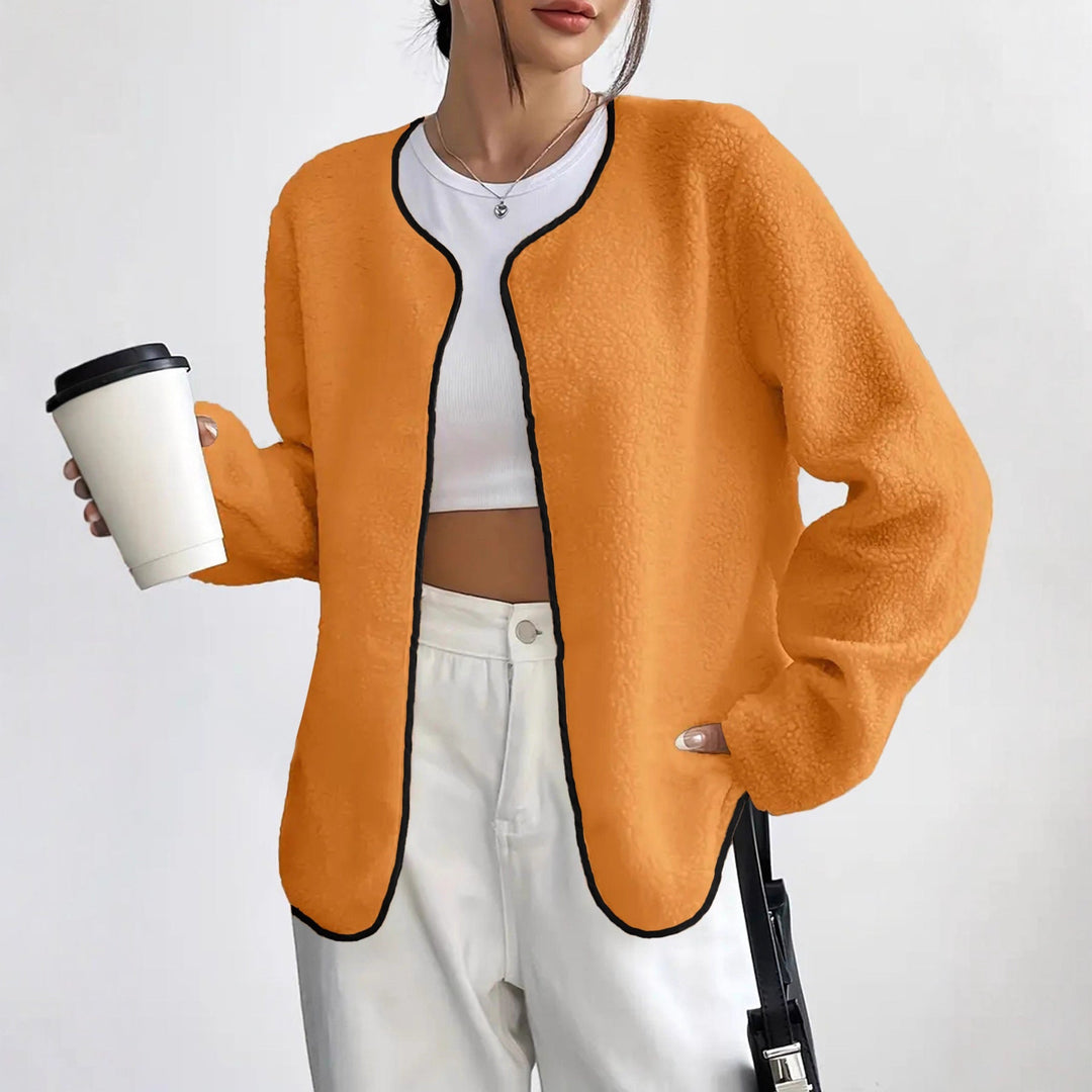 Dam kort jacka Teddy fleece kofta utan Closure med rund hals