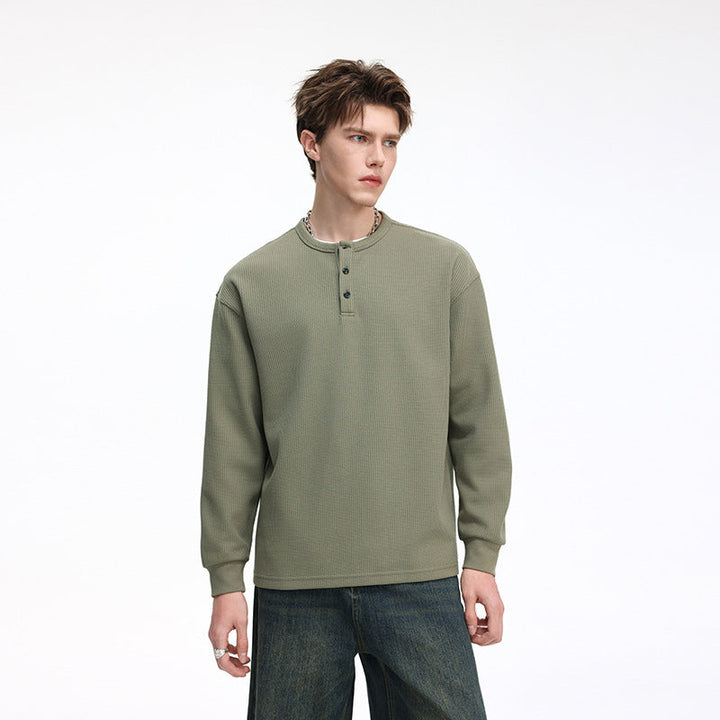 Herr Waffle Structure Henley Termisk Skjorta med Knapplist och Avslappnad Passform Drune