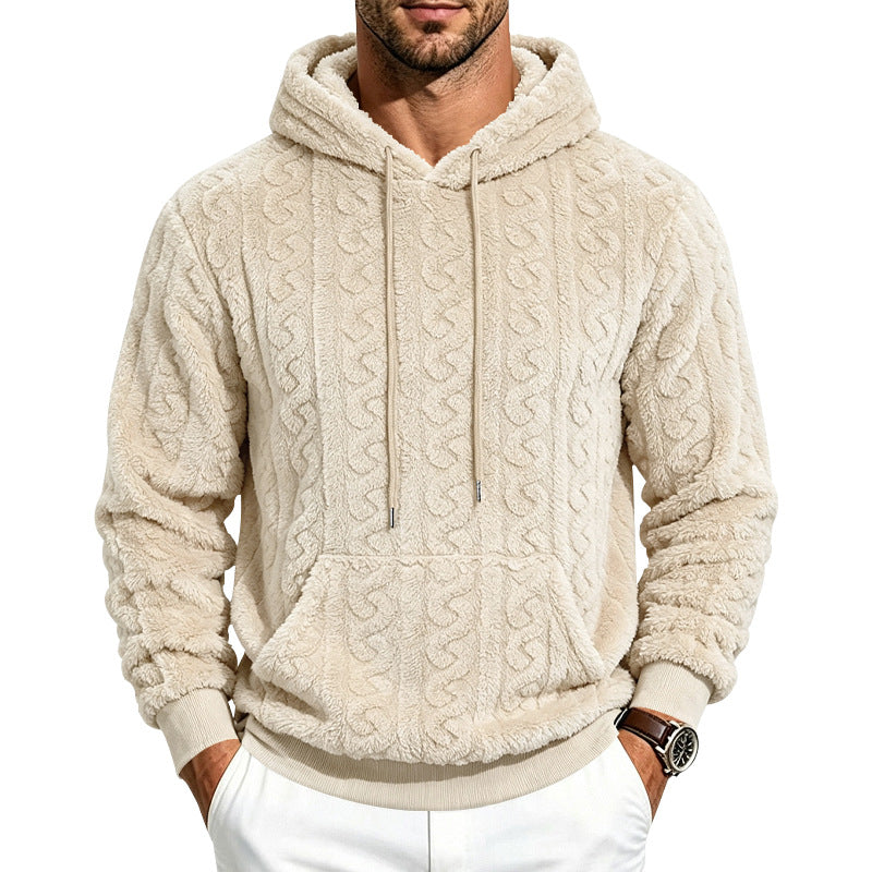 Herr Teddy Fleece Pullover med Cable Mönster, Huva och Känguruficka