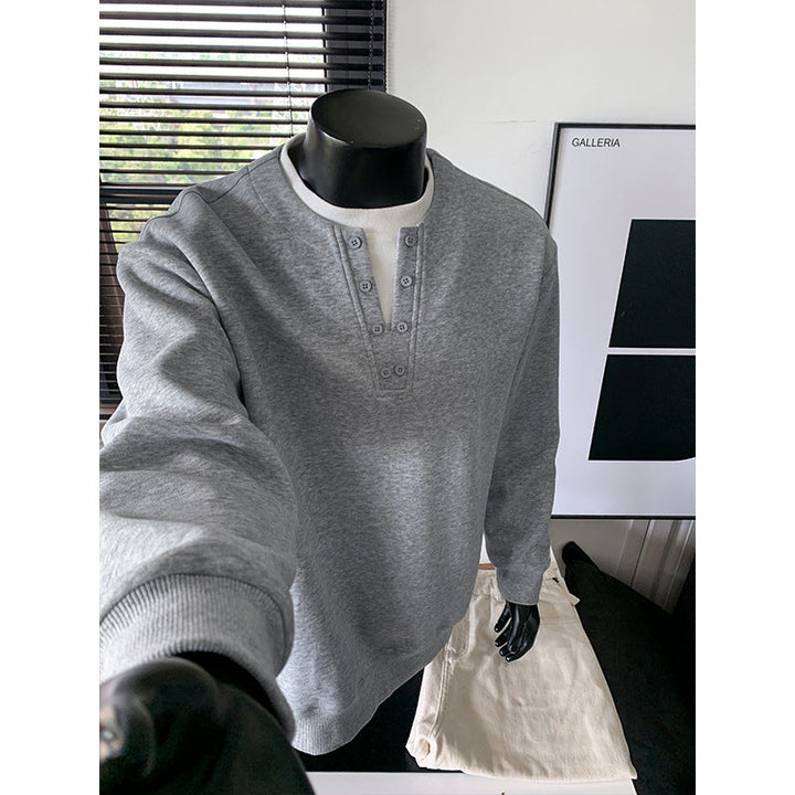 Herr Henley College-Tröja med Knapplist, Oversized Passform &amp; Ribbstickade Muddar