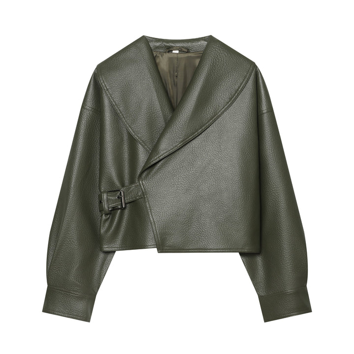 Dam Kort Faux Läder Blouson med Stora Shawl Krage och Waistband