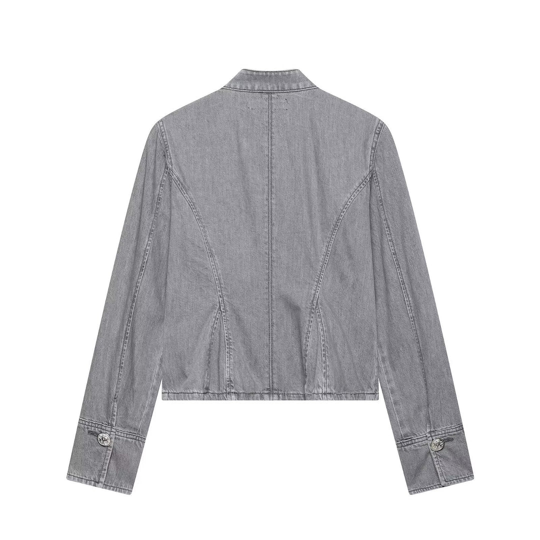Dam Kort Denimjacka med Mandarin Krage och Dekorativ Knot Details