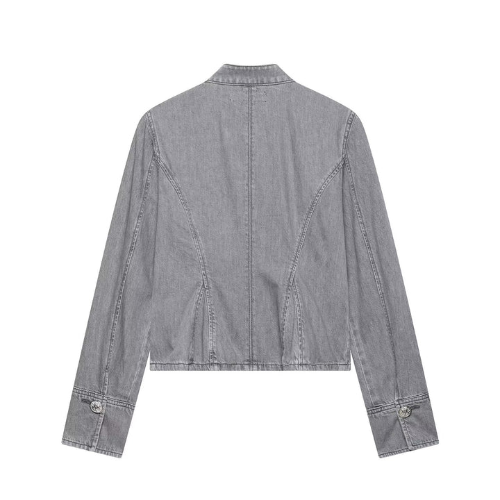 Dam Kort Denimjacka med Mandarin Krage och Dekorativ Knot Details