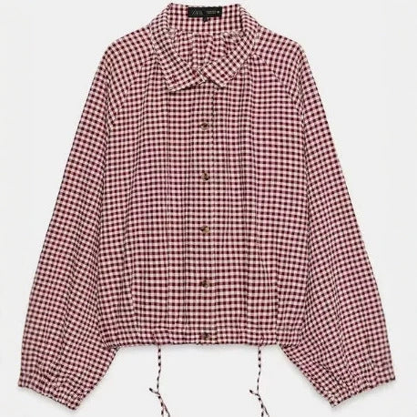 Dam Kort Blouse Jacka i Rutig Mönster med Hög Krage och Drawstring Nederkant