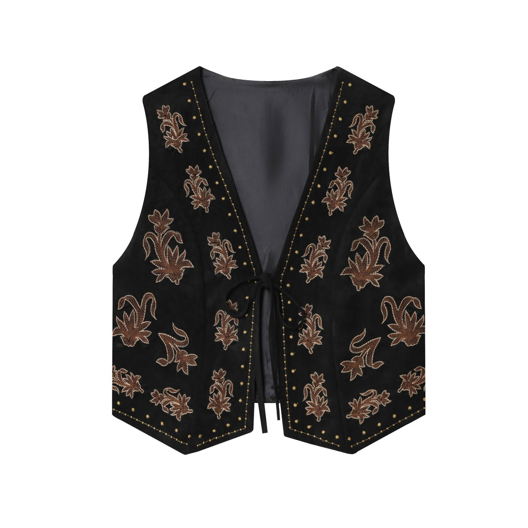Dam Embroidered Suede Look Väst med Tie och V-Neck