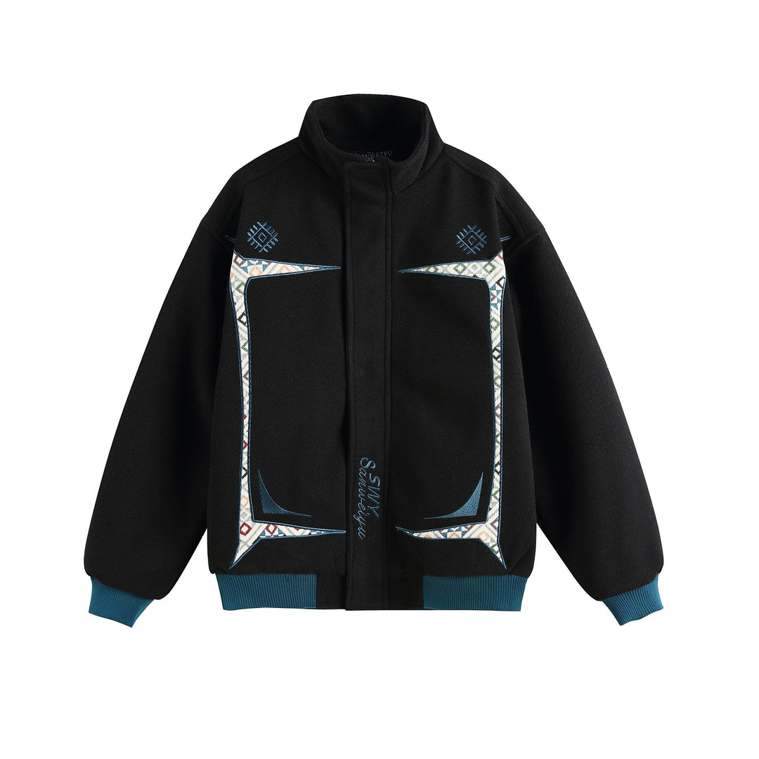 Dam Lätt Ståkrage Jacka med Folk Embroidery Appliqués och Ribbstickade Muddar