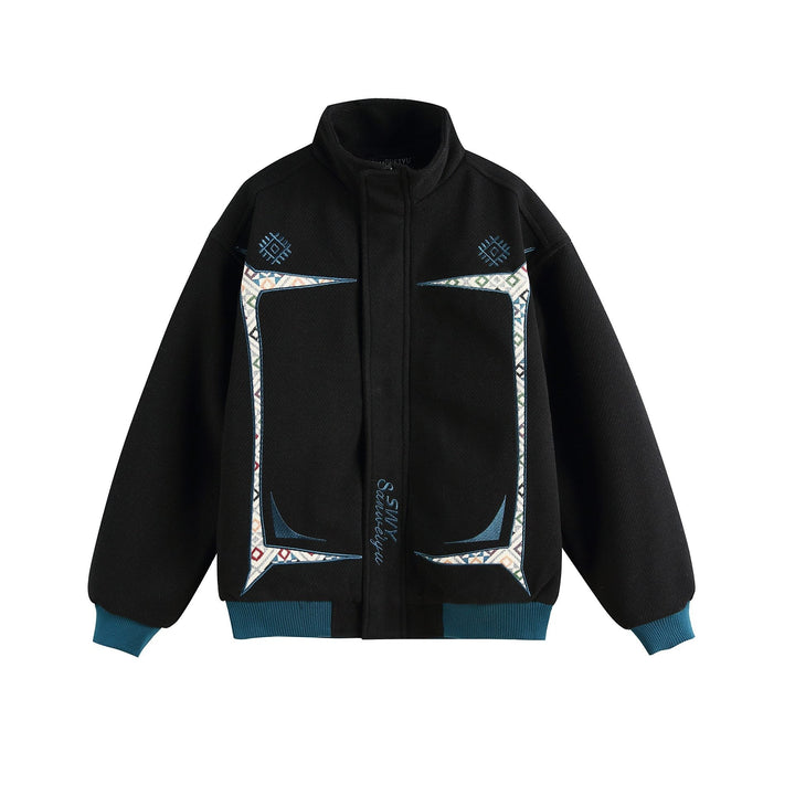 Dam Lätt Ståkrage Jacka med Folk Embroidery Appliqués och Ribbstickade Muddar